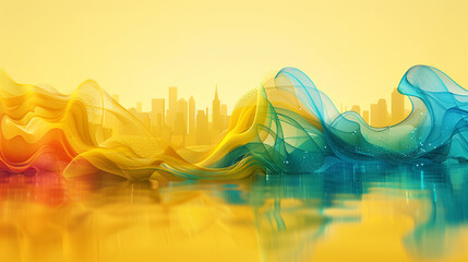 Abstract cityscape with a yellow background featuring two swirled shapes and a high horizon line. The upper half is empty, focusing on the central curved three-dimensional arc and curve shapes. The sc