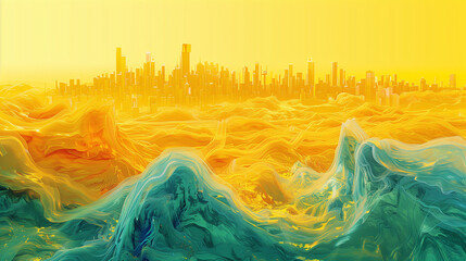 Abstract cityscape with a yellow background featuring two swirled shapes and a high horizon line. The upper half is empty, focusing on the central curved three-dimensional arc and curve shapes. The sc