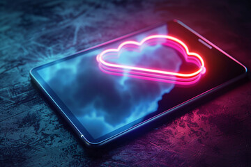 Wall Mural - Digital tablet screen with neon cloud symbol against a blue sky background