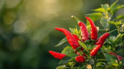 Wall Mural - Red Chili Peppers on a Bush with Green Leaves