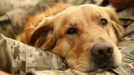 A Golden Retriever Resting On A Soldiers Lap