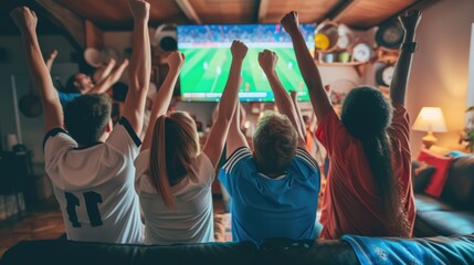 A crowd of fans in the stadium joyfully watches the soccer game, entertained by the players' gestures, smiling and having fun. AIG41