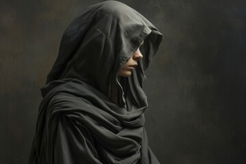 Wall Mural - A hooded figure of dark draped fabric with a solemn expression on his face against a muted background.