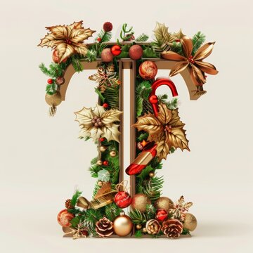 Merry Christmas letter T. Christmas Alphabet Letter.