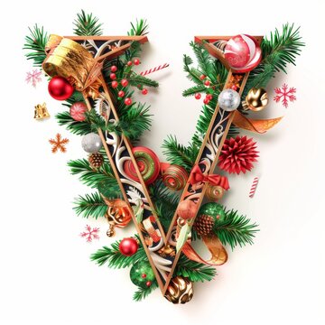Merry Christmas letter V. Christmas Alphabet Letter.