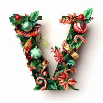 Merry Christmas letter V. Christmas Alphabet Letter.