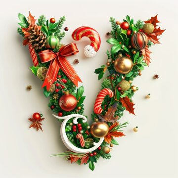 Merry Christmas letter V. Christmas Alphabet Letter.
