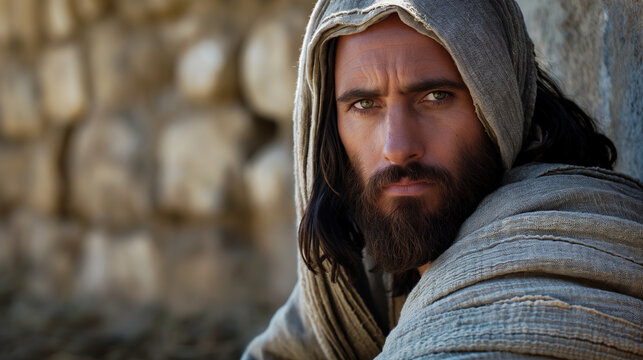 Jesus Christ, looking at camera, in the desert with stone walls, wearing hooded robe, green eyes. evangelism concept