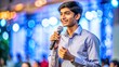 © Partha - young Indian entrepreneur giving a success speech on conference or stage with microphone on hand