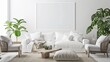 © Robby - An upscale and serene living room design with a white canvas backdrop, minimally adorned with tasteful furniture, Contemporary minimalist style
