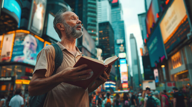  middle-aged man with short grey hair and beard stands in the bustling city of New York, holding a bible praying evangelism concept