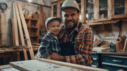 Cheerful young male carpenter and his son working in workshop 