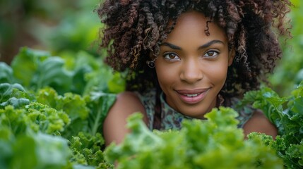 A Woman with Curly Hair Smiles from Behind a Wall of Green