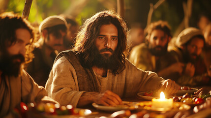 Jesus with long hair and beard sitting at the last supper, surrounded by his disciples in ancient Jerusalem. The scene is illuminated by natural light and candles on tables filled with food