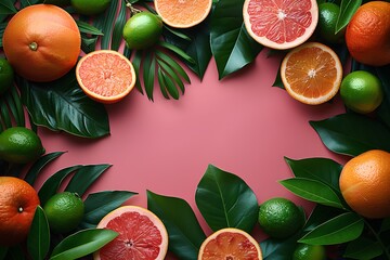 Wall Mural - A vibrant and colorful background with various citrus fruits like oranges, limes, and grapefruits, surrounded by green leaves on the edges of the frame. 