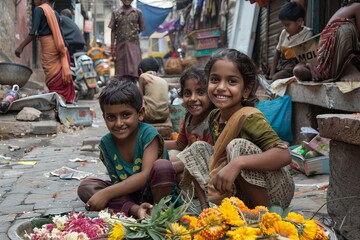 Wall Mural - View of unknowns Nepali people selling flowers at the street of Kathmandu in the afternoon