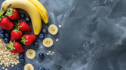 Poster - Oats banana strawberries and blueberries on a grey background