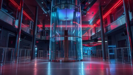 Wall Mural - Large glass elevator in a modern office with red lights