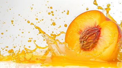 half peach fallen into a juice splash isolated on white
