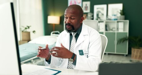 Poster - Black man, doctor and consulting with video call in Telehealth, proposal or virtual meeting at clinic. African surgeon or male person explaining or talking with documents or computer on new discovery