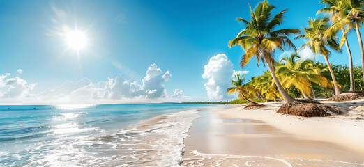 A beautiful beach with white sand and palm trees, a background template for summer