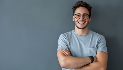 Young smiling man with glasses with his arms crossed standing against a grey background, a template