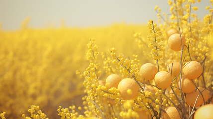 Wall Mural - A field of yellow flowers with round orange fruits growing among them, creating a sunny, golden landscape.