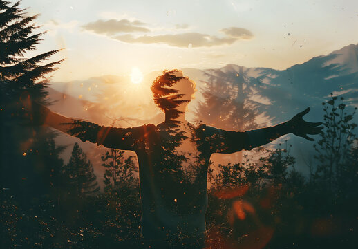 A double exposure of a man with his arms outstretched with a nature sunset in the background