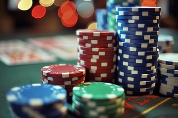 High-quality image focusing on stacked casino chips with bokeh light effects in the blurred background