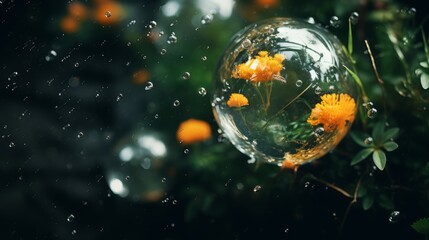 Wall Mural - yellow flowers in a glass bubble with raindrops