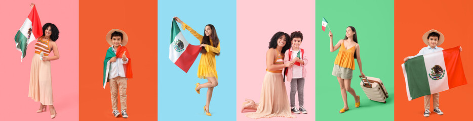 Sticker - Group of Mexican people with flags on color background