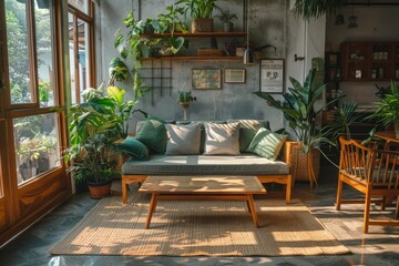 Eco-friendly living room with indoor plants and wooden furniture featuring natural light and greenery