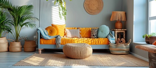 basket interior living rattan yellow commode gray cube elegant pillow room plants design macrame hom