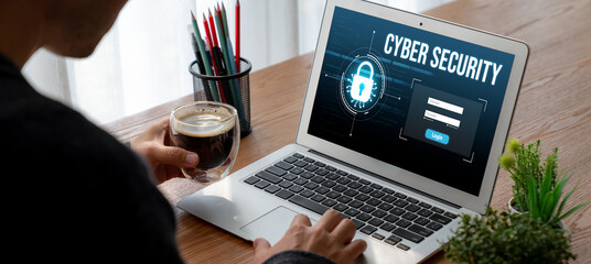 Poster - cyber security system on computer screen protect private information snugly from hacker and cyber at