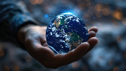 Aufkleber - A hand holding a globe with a blue and orange background. The globe is surrounded by a network of lines and dots, giving the impression of a digital world
