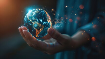 Aufkleber - A hand holding a globe with a blue and orange background. The globe is surrounded by a network of lines and dots, giving the impression of a digital world