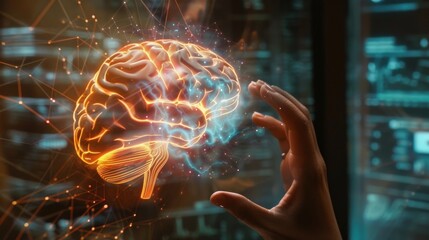 Poster - A hand is holding a brain that is glowing red. Concept of awe and wonder at the complexity of the human brain