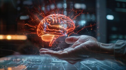 Poster - A hand is holding a brain that is glowing red. Concept of awe and wonder at the complexity of the human brain