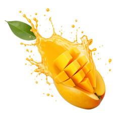 Wall Mural - Mango slice with mango juice splash isolated on transparent white background, clipping path