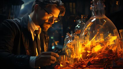 Poster - Scientist male doctor researcher conducts tests and research invents in scientific medical laboratory