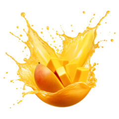 Canvas Print - Mango slice with mango juice splash isolated on transparent white background, clipping path