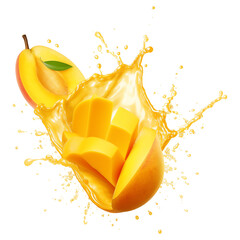 Canvas Print - Mango slice with mango juice splash isolated on transparent white background, clipping path