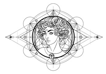 Wall Mural - Illustration of Aries astrology sign as a beautiful girl over sacred geometry frame. Zodiac vector drawing isolated in black and white. Future telling, horoscope, spirituality. Coloring book.