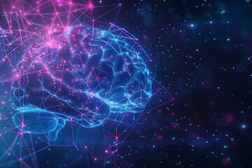 Poster - Digital human brain in blue and purple colors close up with connections. Digital background of brain connections