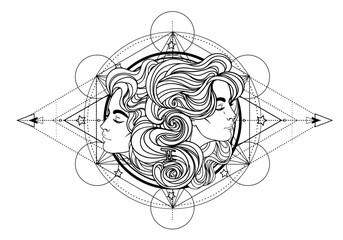 Illustration of Gemini astrological sign as a beautiful girl over sacred geometry frame. Zodiac vector drawing isolated in black and white. Future telling, horoscope, spirituality. Coloring book.