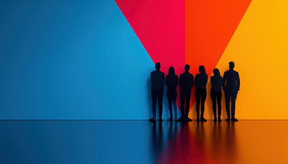 Wall Mural - A group of people standing in front of a wall with a V on it