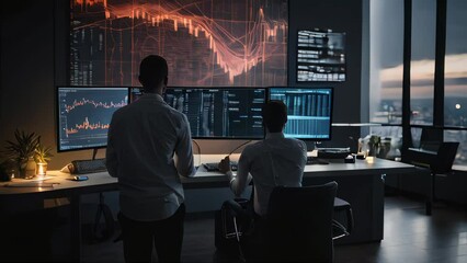 Poster - Back view data scientist analyzing big data, with visualizations on the screen, in a contemporary office