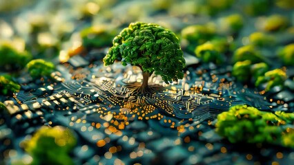 Poster - Green natural eco-friendly tree and computer technology on an abstract high-tech futuristic background of microchips and computer circuit boards with transistors