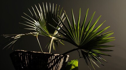 Sticker - Close-up of a fan palm in a rustic basket, broad leaves, dramatic shadows, late afternoon sun. 