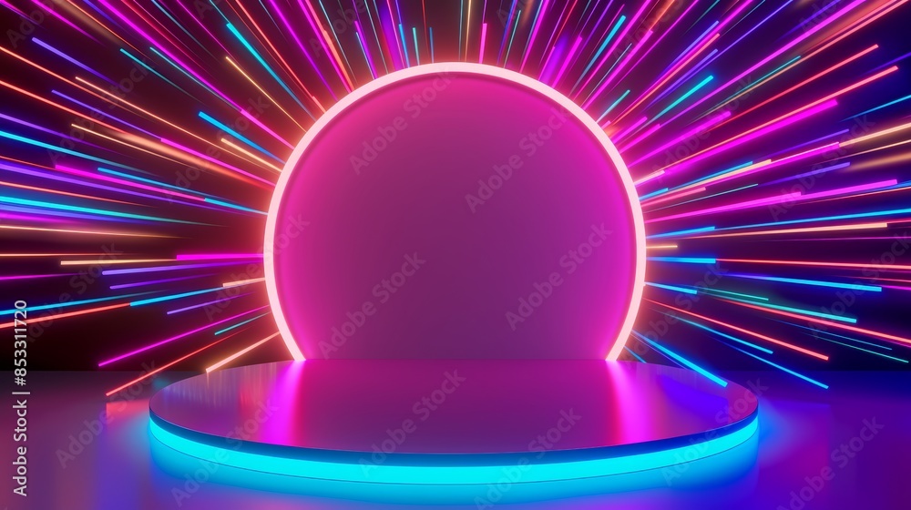 Vibrant stage design with neon pink and blue circular lights, perfect ...